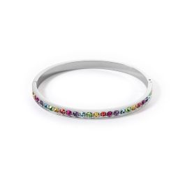 Coeur De Lion Stainless Steel Silver Bangle - Multicolour Round Crystals