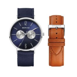 Bering Men's Classic Polished Silver and Navy Blue Watch