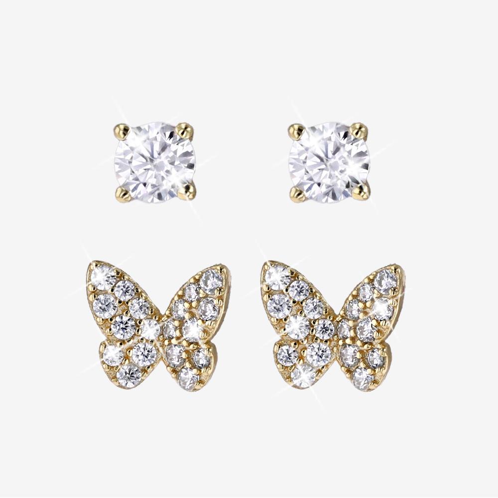 18ct Gold On Silver Set Of 2 Earrings, Butterfly + Round