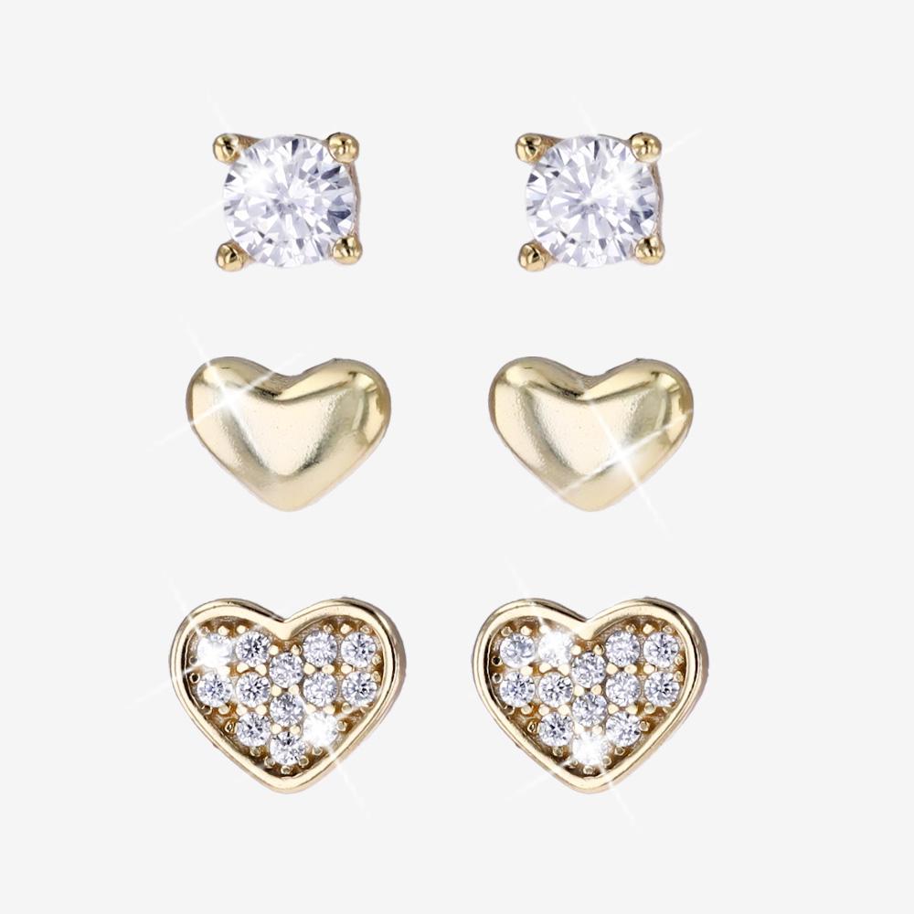 18ct Gold On Silver Set Of 3 Earrings, Hearts And Rounds