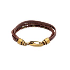 Unique and Co Men's Multi-strand Brown Leather Bracelet with Brass Tone Clasp - 21cm