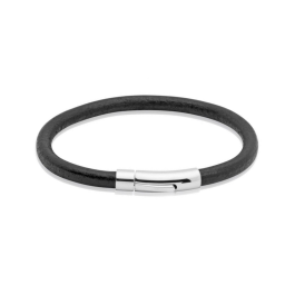 Unique and Co Men's Black Leather Bracelet with Shiny Stainless Steel Clasp - 21cm