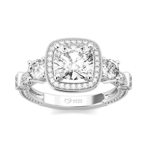 Jeulia Halo Three Stone Cushion Cut Sterling Silver Ring