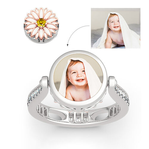 Jeulia "Blooming Daisy" Sterling Silver Personalized Photo Ring (With A Free Chain)