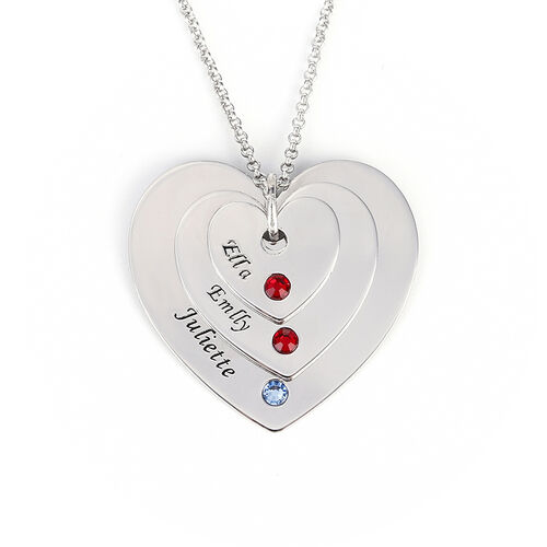 Jeulia Engraved Three Heart Necklace With Birthstones Sterling Silver