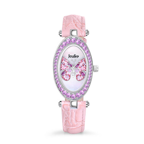 Jeulia "Fluttering Moment" Butterfly Quartz Pink Leather Watch with Mother of Pearl Dial