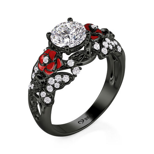 Jeulia Rose and Butterfly Black Skull Ring Sterling Silver