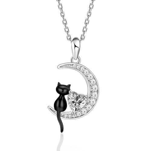 Jeulia Luna Astra Moissanite Heart Stone Black Cat Moon Necklace