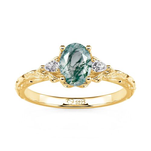 Jeulia Oval Three Stone Moss Agate Gold Wedding Ring