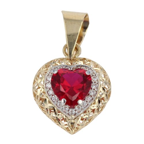 14ct Yellow And White Gold Cubic Zirconia And Red Stone Heart Pendant