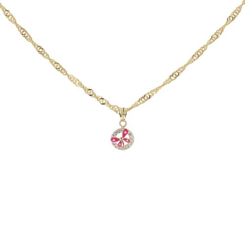 14ct Yellow Gold Cubic Zirconia And Pink Enamel Butterfly Pendant And 18" Chain