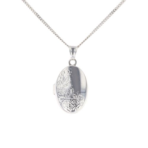 Silver Patterned Oval Locket And Chain 20" By Icesia