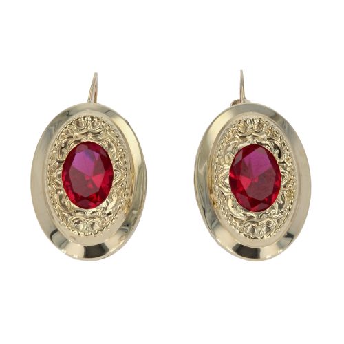 14ct Yellow Gold Red Stone Set Oval Earrings