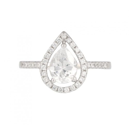 Sterling Silver Teardrop Halo Cubic Zirconia Ring