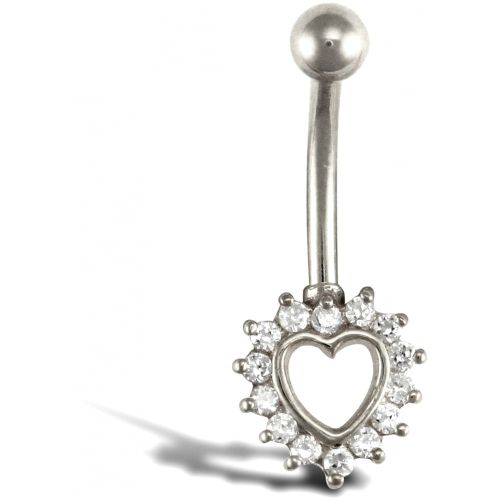 9ct White Gold Cubic Zirconia Heart Belly Bar