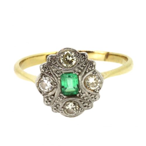 Vintage Art Deco Ladies Diamond And Emerald Cluster Ring