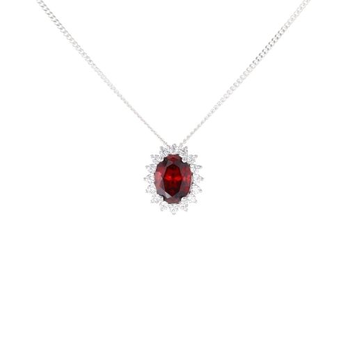 Silver Red Gemstone And Cubic Zirconia Cluster Pendant And Chain 18" By Icesia