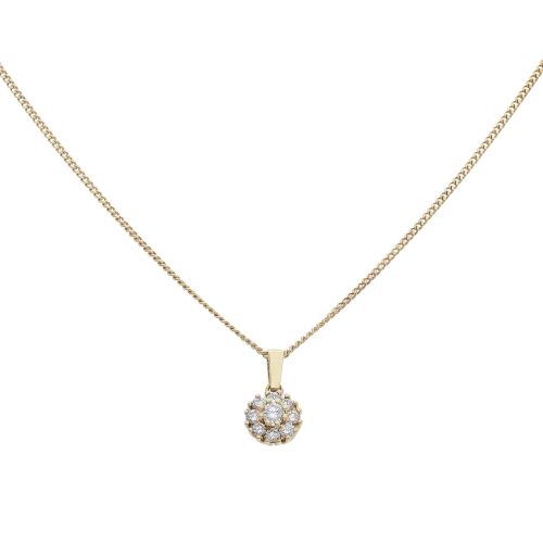 14ct Yellow Gold 0.25ct Diamond Cluster Pendant and Chain 18"