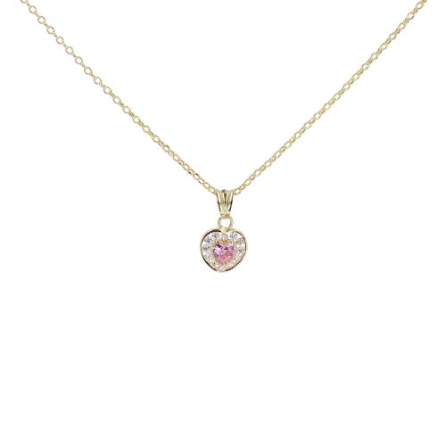 14ct Yellow Gold Cubic Zirconia And Pink Stone Heart And 18" Chain