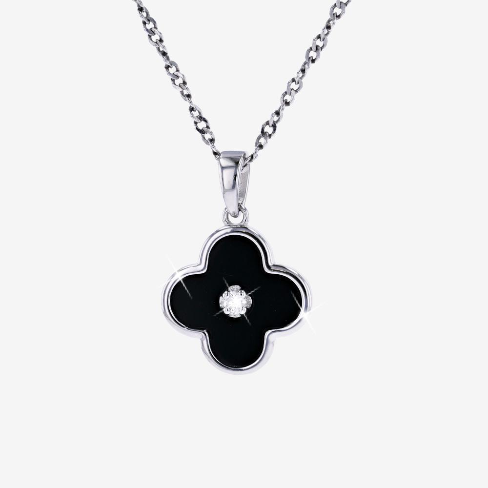 Silver Real Lab-Grown Diamond Onyx Clover Necklace
