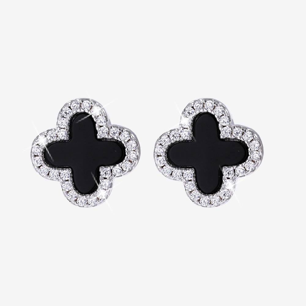 Silver Real Onyx 4 Leaf Clover Earrings