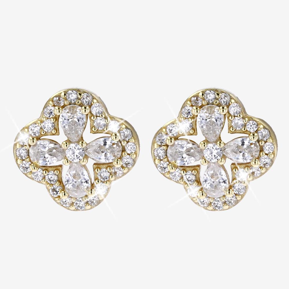18ct Gold On Silver 4 Leaf Clover Stud Earrings, DiamonFlash®