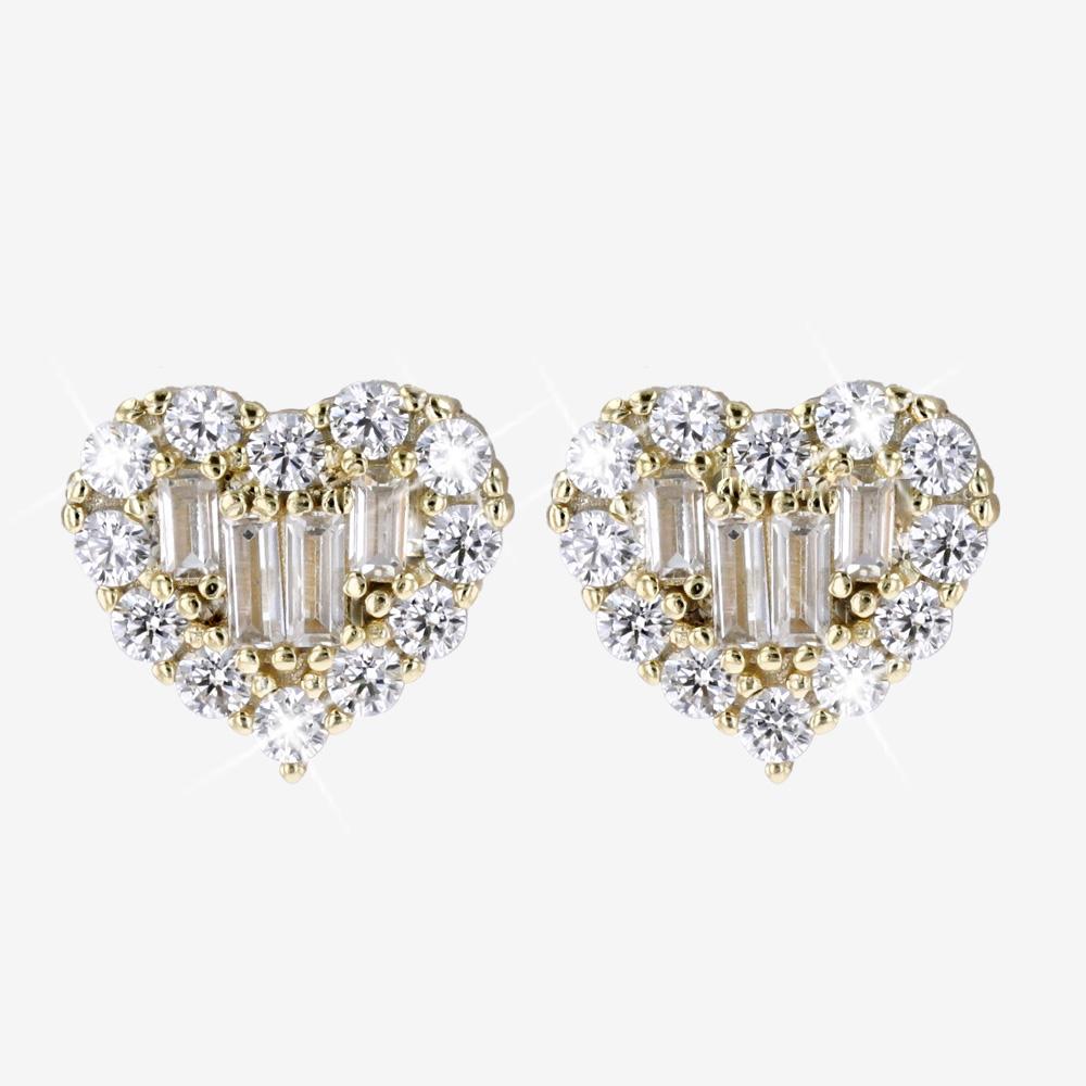 18ct Gold On Silver Baguette Heart Stud Earrings, DiamonFlash®