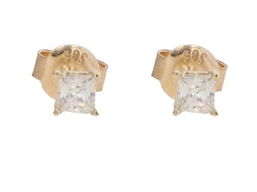 14ct Yellow Gold Cubic Zirconia Princess Cut Solitaire Stud Earrings