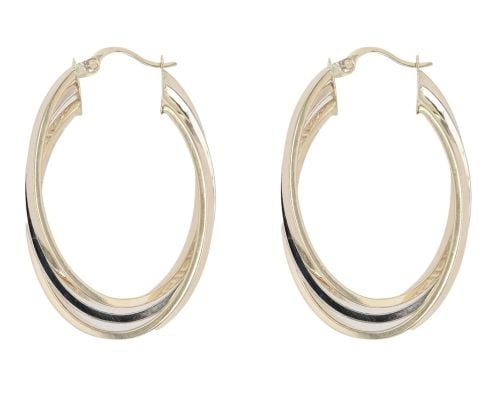 14ct Yellow and White Gold Greek Key Trio Oval Hoop Earrings