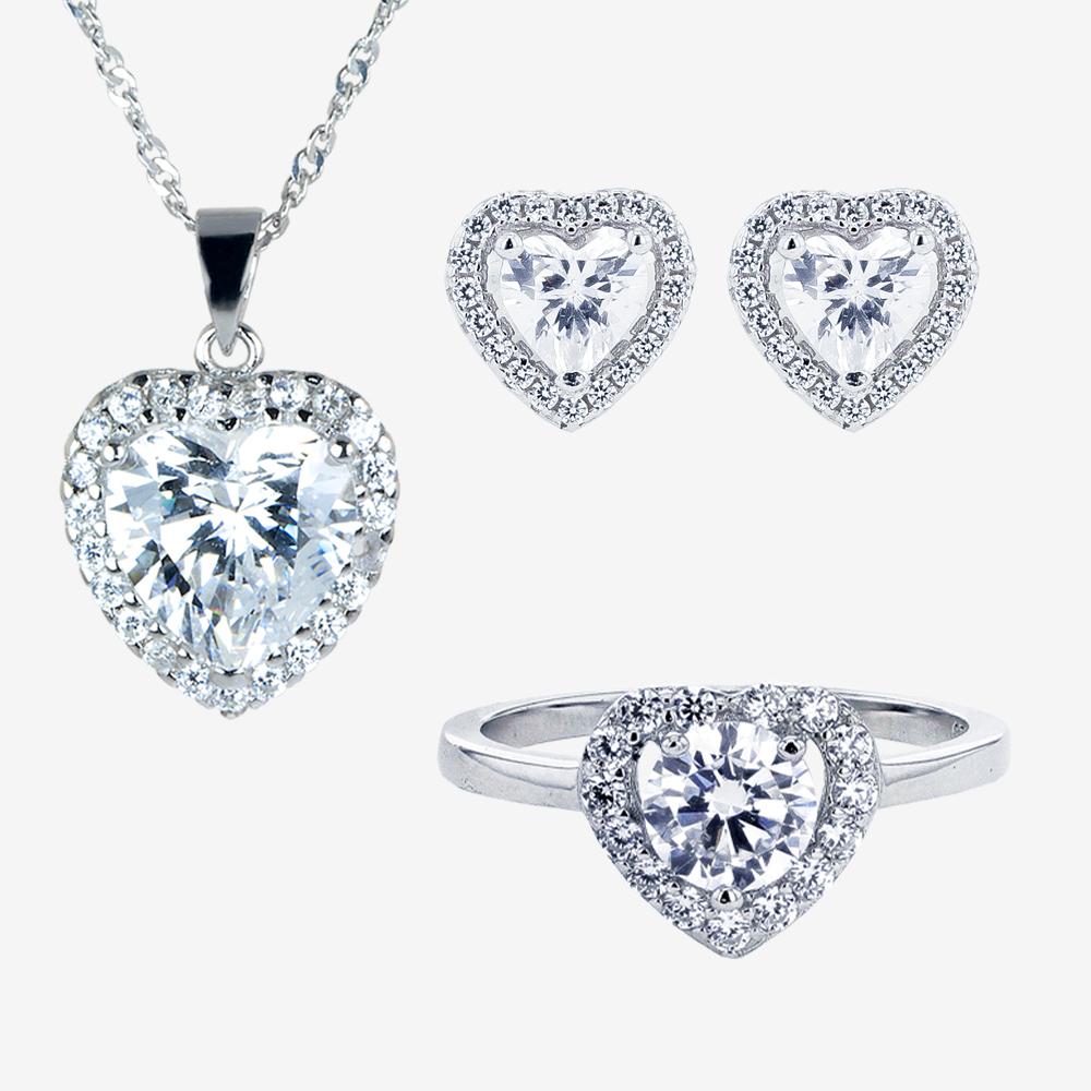 Silver Heart Necklace, Earrings and Ring Set