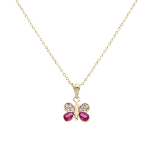 14ct Yellow Gold Cubic Zirconia and Red Gem Butterfly Pendant and Chain 18"