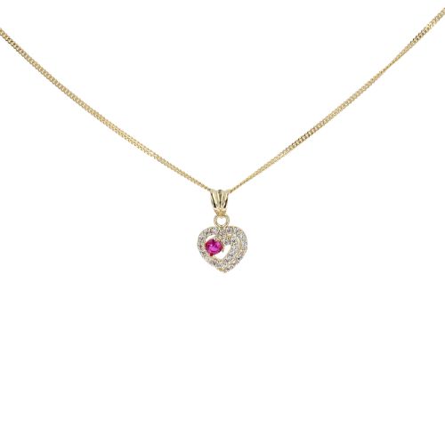 14ct Yellow Gold Cubic Zirconia And Red Stone Heart Pendant And 16" Chain