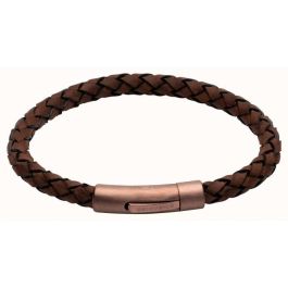 Unique and Co Mens Dark Brown Braided Leather and Rose Gold Steel Clasp Bracelet