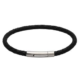 Unique and Co Men's Stainless Steel Matte Polished Black Leather Bracelet