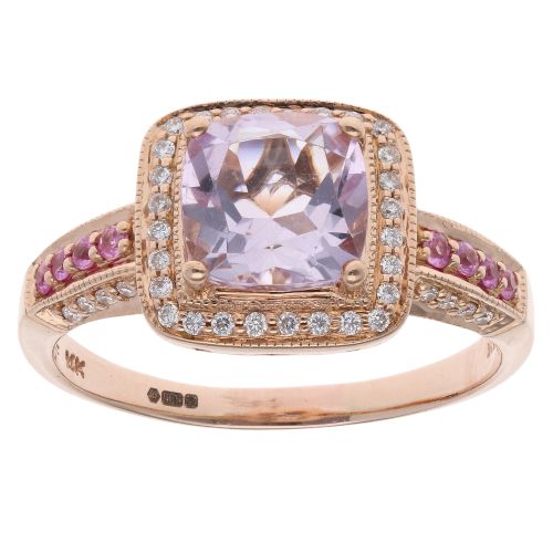 14ct Rose Gold 0.15ct Diamond, Amethyst And Pink Sapphire Cluster Ring