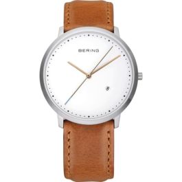 Bering Mens Classic Brushed Silver Brown Leather Strap Watch