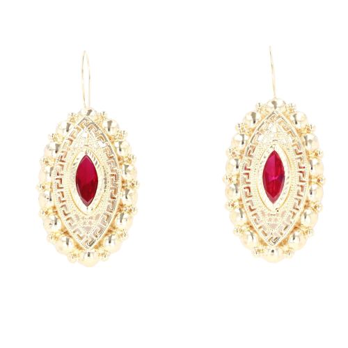 14ct Yellow Gold Red Gemstone Greek Key Marquise Earrings