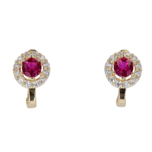 14ct Yellow Gold Cubic Zirconia And Red Stone Set Cluster Earrings