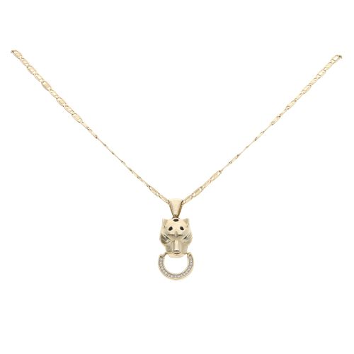 14ct Yellow Gold Cubic Zirconia And Green Gemstone Panther Pendant And Chain 22"