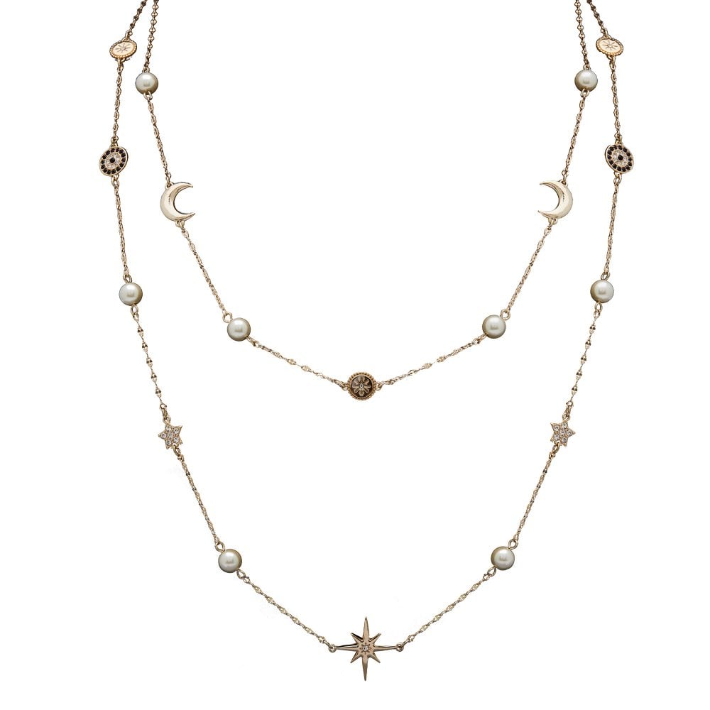 Gold Plated Crystal And Cream Pearl Celestial Necklace