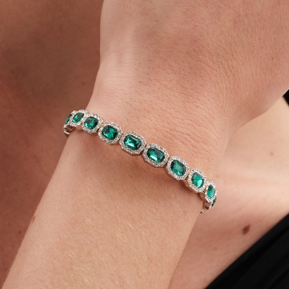 Gold Plated Emerald Green Crystal Rectangle Stretch Bracelet