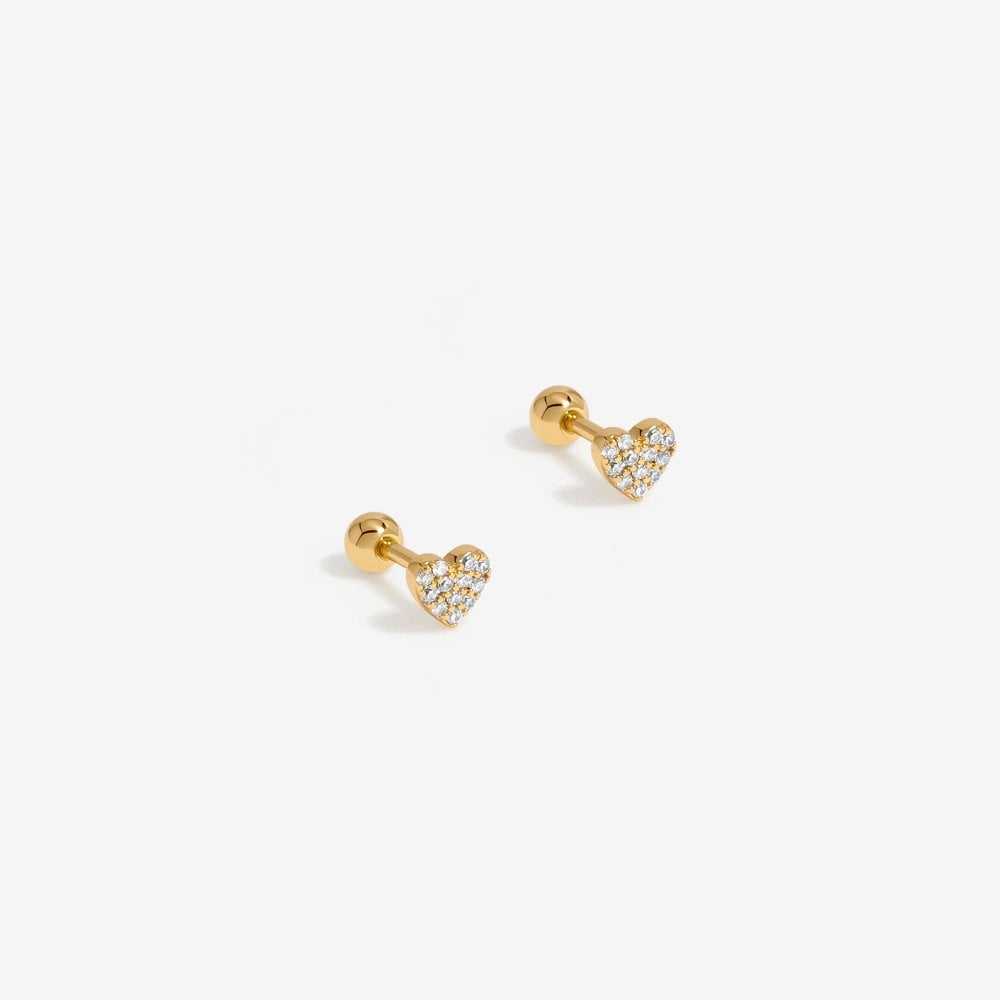 Gold Plated Mini Crystal Pave Heart Barbell Stud Earrings - Gift Pouch