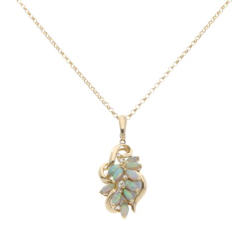 14ct Yellow Gold 0.05ct Diamond and Opal Fancy Cluster Pendant and Chain 18"