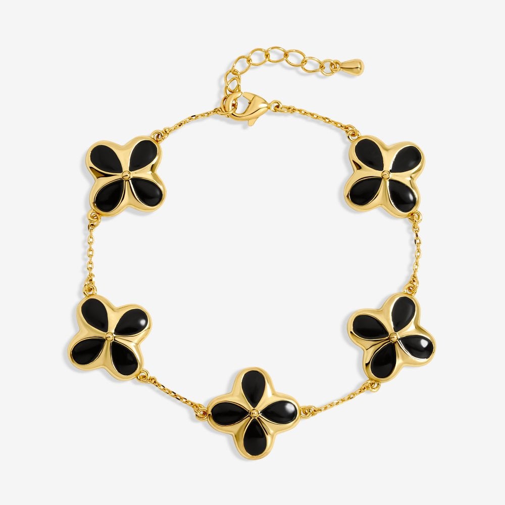Inicio 14ct Gold Plated and Jet Enamel Clover Bracelet - Gift Pouch