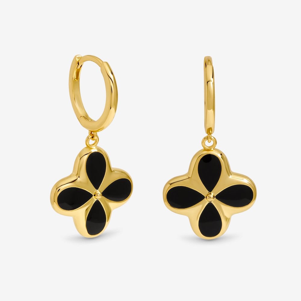 Inicio 14ct Gold Plated and Jet Enamel Clover Earrings - Gift Pouch