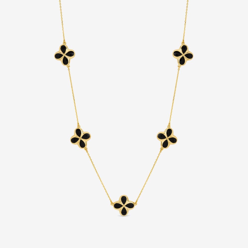 Inicio 14ct Gold Plated and Jet Enamel Clover Necklace - Gift Pouch