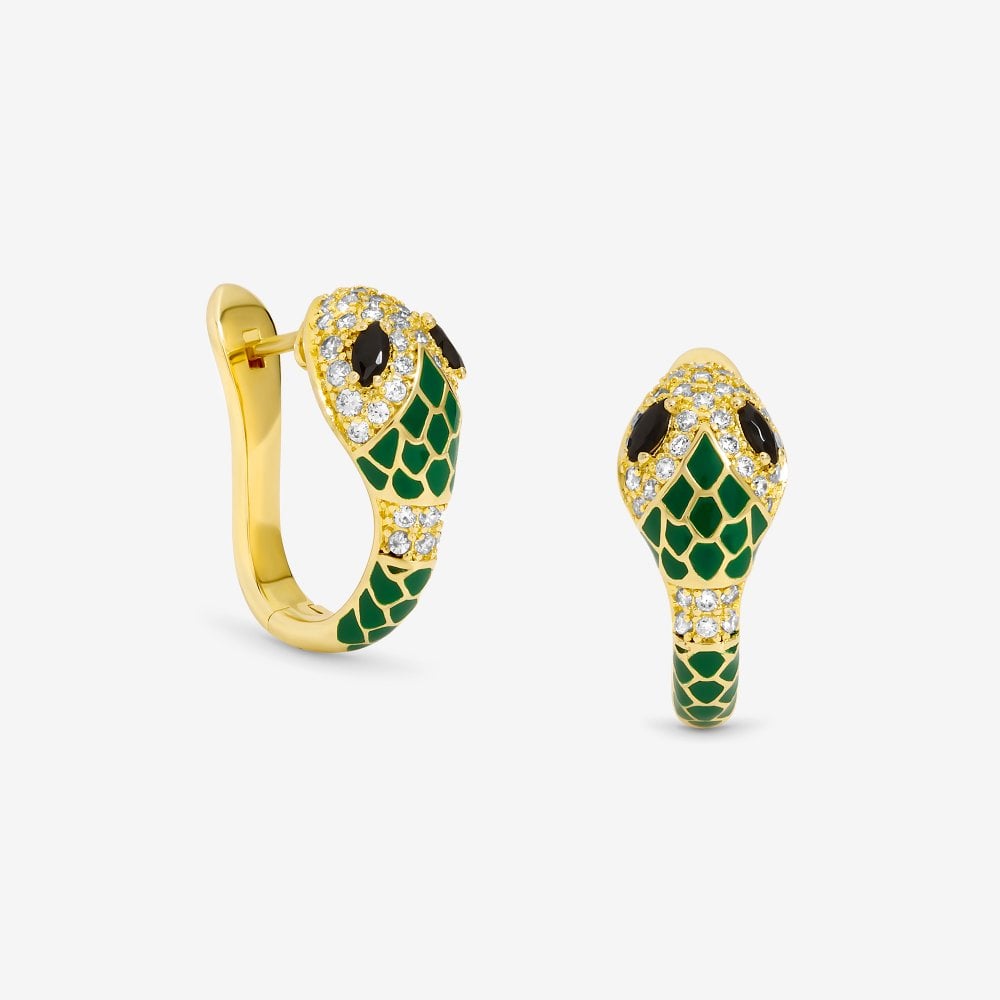 Inicio 14K Gold Plated and Emerald Snake Hoop Earrings - Gift Pouch