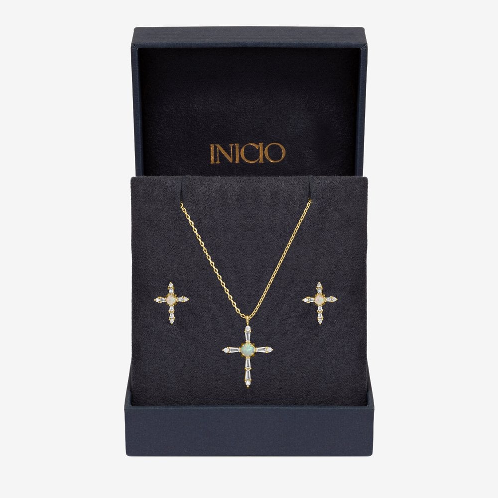 Inicio 14K Gold Plated Cubic Zirconia and Opal Cross Set - Gift Box