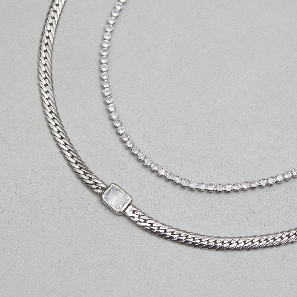 Inicio Silver Plated Recycled Cobra Double Chain And Cubic Zirconia Necklace - Gift Pouch