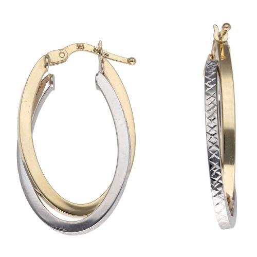 14ct Yellow And White Gold Oval Duo Hoop Earrings